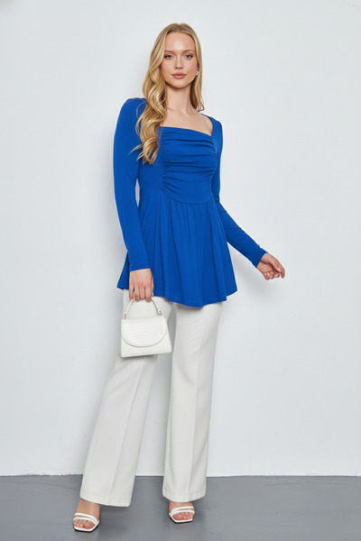 LİVE SPORT Women's Stretchy Viscose Square Neck Gathered Front Long Sleeve Knitted Tunic-Sax