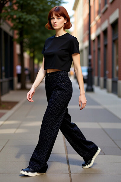 PayBuy Női divat, magas derekú, széles szárú, leopárdmintás farmernadrág, pamut, hétköznapi kombinációk hétvégén