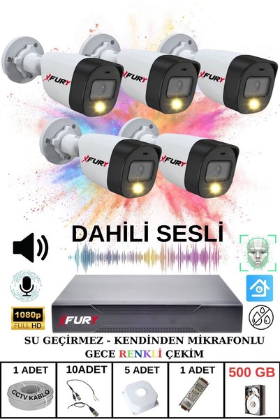 FURY 5 li Sesli Gece Renkli Görüş Güvenlik Kamerası Su Geçirmez Güvenlik Kamerası Seti 500GB