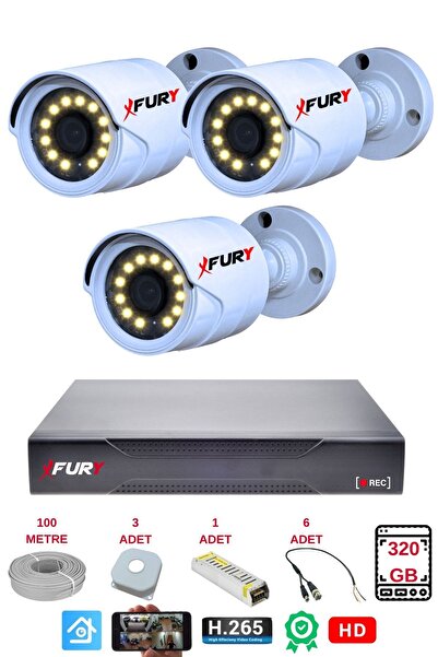 FURY 3 Lü Gece Renkli Görüş Güvenlik Kamerası Full Hd-Su Geçirmez Güvenlik Kamerası Seti 320GB