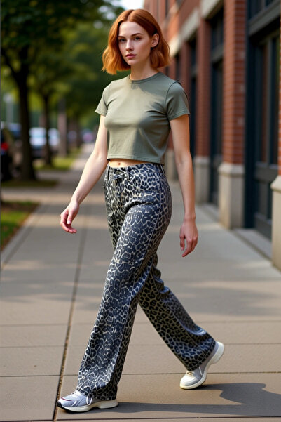 PayBuy Women's Fashion High Waist Wide Leg Leopard Print Jean Pants Casual Co...