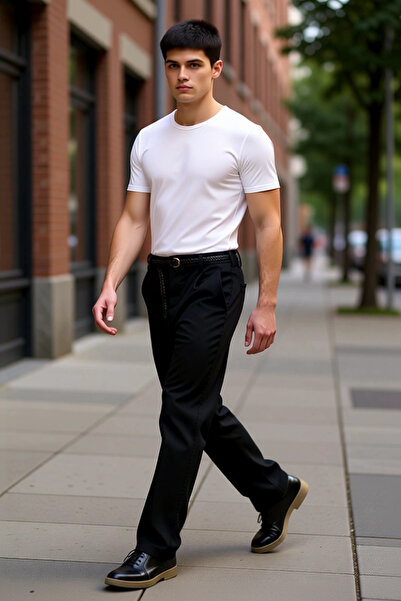 PayBuy Мъжка модна панталони с широки крачоли и шарф, с текстуриран десен, за...