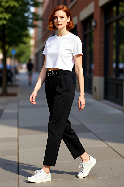 PayBuy Дамски модни панталони с висока талия, клин и колан, за ежедневна упот...