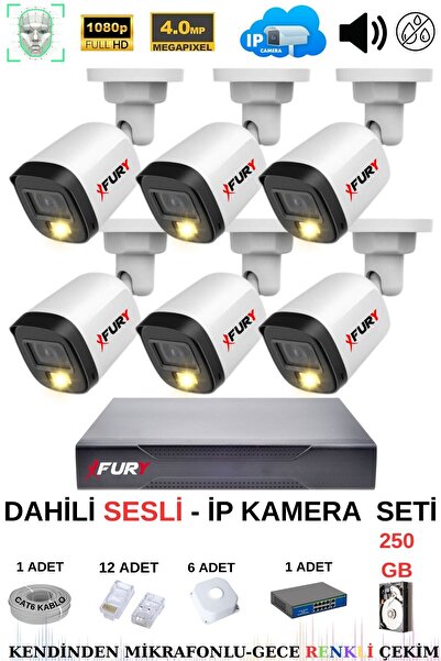 FURY Ip Güvenlik Kamera Seti 6 Kameralı Sesli 4mp Gece Renkli Su Geçirmez Ip5515s 250gb