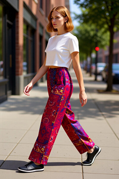 PayBuy Women's Fashion Ethnic Patterned Elastic Leg Baggy Trousers High Waist Viscose Daily Use