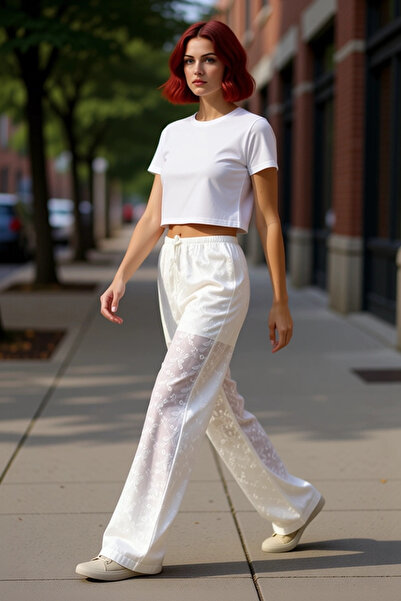 PayBuy Women's Fashion Wide Leg Brode Patterned High Waist Trousers Summer Casual Use