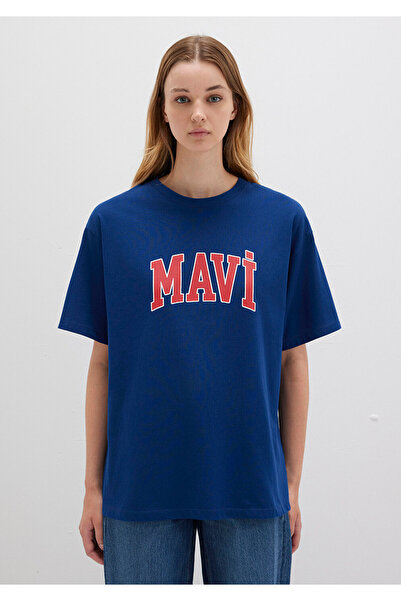 Mavi Marineblaues T-Shirt mit Logo-Print in Übergröße/Breite Passform 1600843 -82625