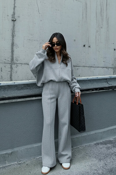 YAKAMEL KADIN 3 İPLİK ÇIMALI BOMBER CEKET EŞOFMAN TAKIMI