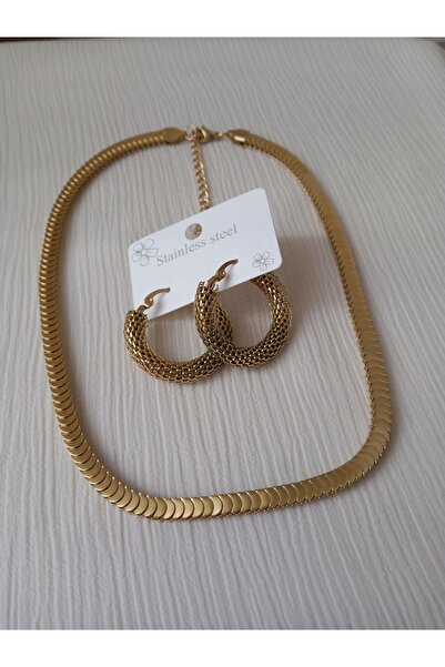 KobalBusiness Çelik Set - Gold Balık Sırtı Zincir 45cm + Hasırlı Klips Küpe 3cm