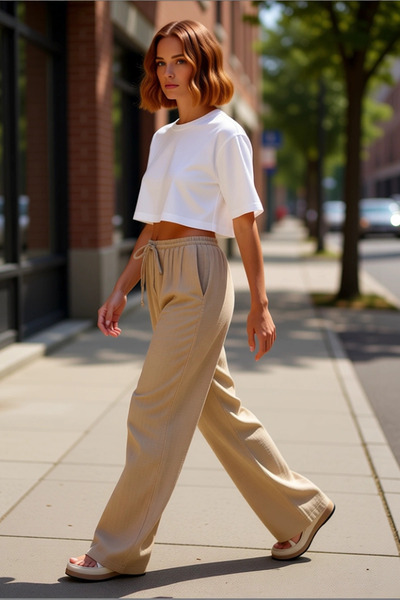 PayBuy Γυναικείο καλοκαιρινό παντελόνι με φαρδύ πόδι Βαμβακερό ύφασμα μουσελί...