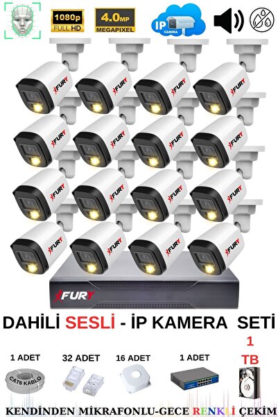 FURY Ip Güvenlik Kamera Seti 16 Kameralı Sesli 4mp Gece Renkli Su Geçirmez Ip5515s 1tb