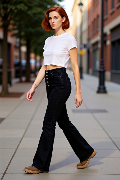 PayBuy Moda femei cu talie înaltă blugi evazați lungi bumbac ocazional elegan...