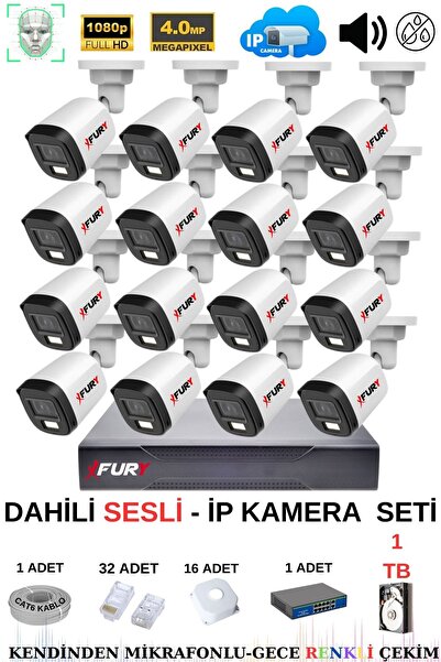 FURY Ip Güvenlik Kamera Seti 16 Kameralı Sesli 4mp Gece Renkli Su Geçirmez Ip5515s 1tb