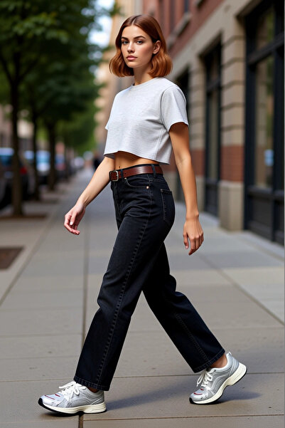 PayBuy سراويل جينز مستقيمة عالية الخصر للسيدات من القطن، مزيج يومي من مادة عا...