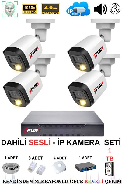 FURY Ip Güvenlik Kamera Seti 4 Kameralı Sesli 4mp Gece Renkli Su Geçirmez Ip5...
