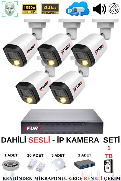 FURY Ip Güvenlik Kamera Seti 5 Kameralı Sesli 4mp Gece Renkli Su Geçirmez Ip5515s 1tb