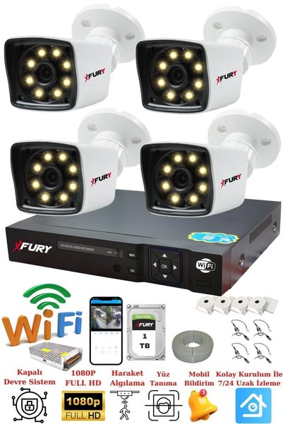 FURY 4 Kameralı 5mp Lens 1080p 2mp Color Görüntü 8 Warm Led Gece Görüş FullHd Güvenlik Kamera 5525W
