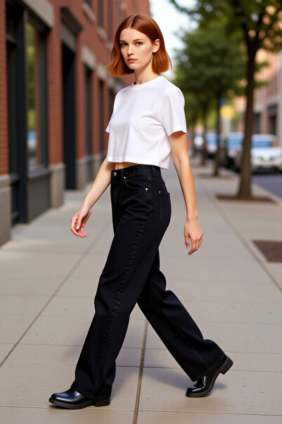 PayBuy سراويل جينز نسائية عصرية عالية الخصر وواسعة الساق من القطن للاستخدام ا...