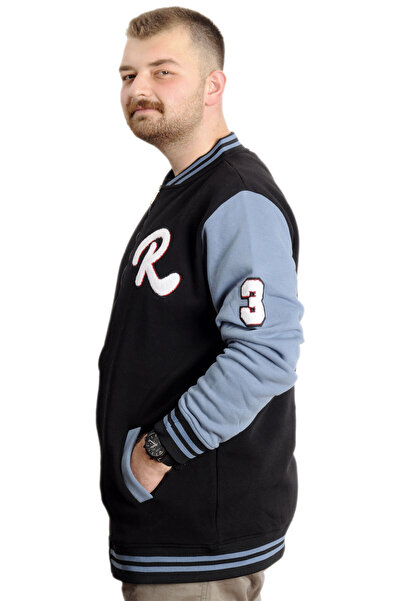 ModeXL Plus Size Men's College Coat Zippered Embroidered Jacket 23633 Black-Indigo