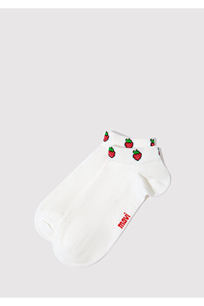 Mavi White Strawberry Embroidered Booties Socks - 1912446 -86459