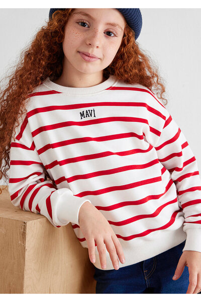 Mavi Logo Printed Red Striped Sweatshirt 7s10038-82054