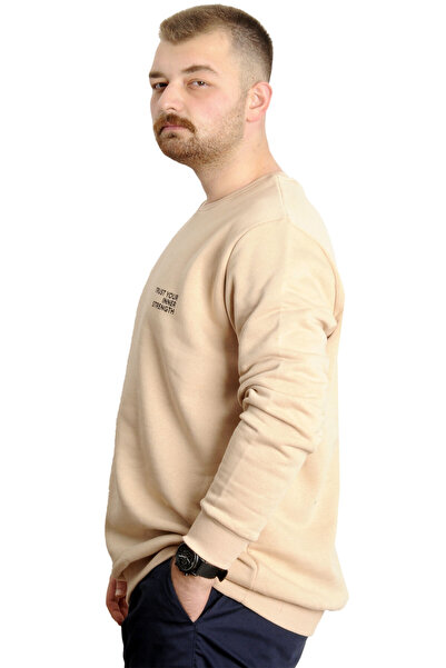ModeXL Ανδρικό φούτερ Plus Size - Crew λαιμόκοψη, κεντημένο μπεζ φούτερ 23525