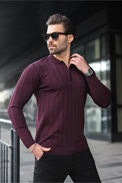Madmext Burgundy Polo Neck Zippered Knitted Sweater 7242