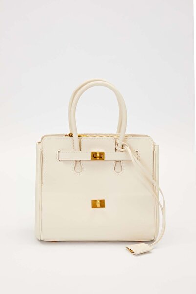 Levidor White Leather Handbag with Accessory Detail
