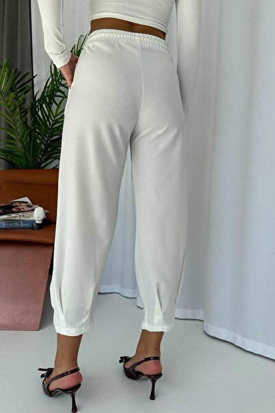 Mine Tan Butik Λευκό κρεπ γυναικείο παντελόνι - με κολάν και λεπτομέρεια ματιών