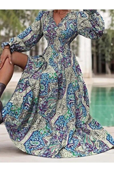 TBL DEKOR Women's Long Sleeve Double-Breasted Collar Patterned Single Jersey Maxi Dress