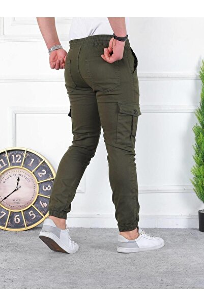 comstar Men's Washed Elastic Waist Cargo Pocket Khaki Trousers