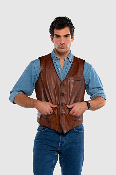 Tamer Tanca Men's Genuine Leather Taba Vest Leather Coat