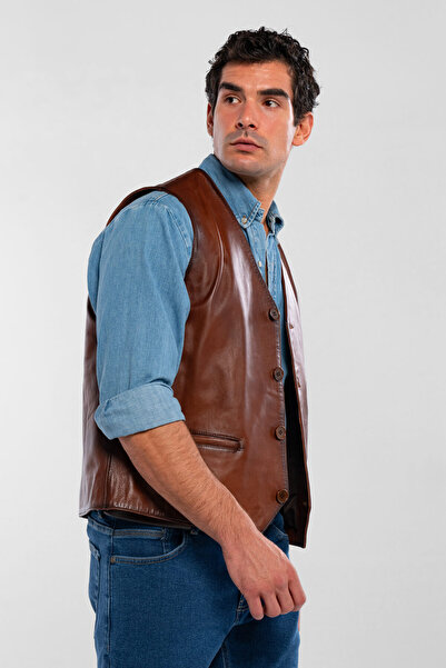 Tamer Tanca Men's Genuine Leather Taba Vest Leather Coat
