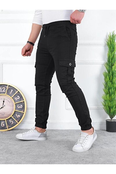 comstar Men's Washed Elastic Waist Cargo Pocket Black Trousers