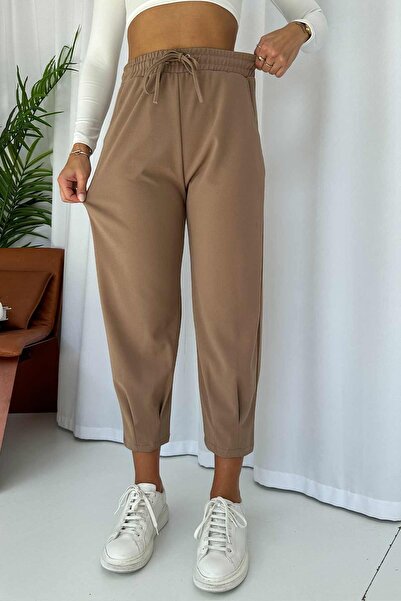 Mine Tan Butik Γυναικείο παντελόνι κρεπ με μοτίβο ματιών - με κολάν στα πόδια, καφέ