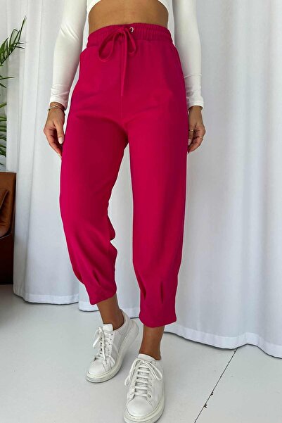 Mine Tan Butik Φούξια κρεπ γυναικείο παντελόνι - με κολάν στα πόδια και λεπτομέρεια ματιών