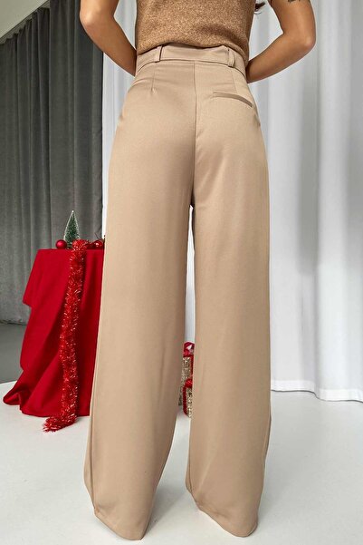 Mine Tan Butik Ψηλόμεσο Σατέν Παντελόνι Διπλό - Μπεζ