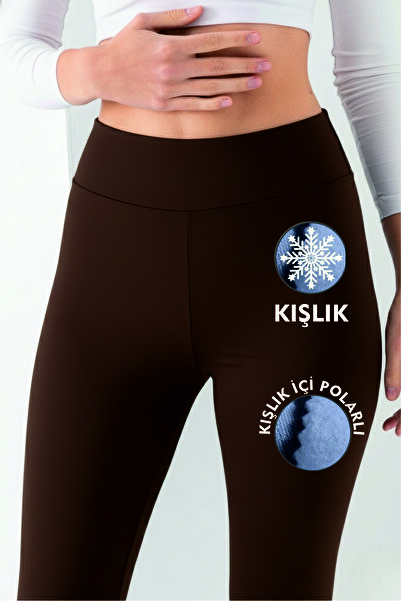 LEBRA Kadın Kahverengi Kışlık Polarlı Yüksek Bel Toparlayıcı Korseli İnterlok Çelik Örme Tayt İç Göstermez