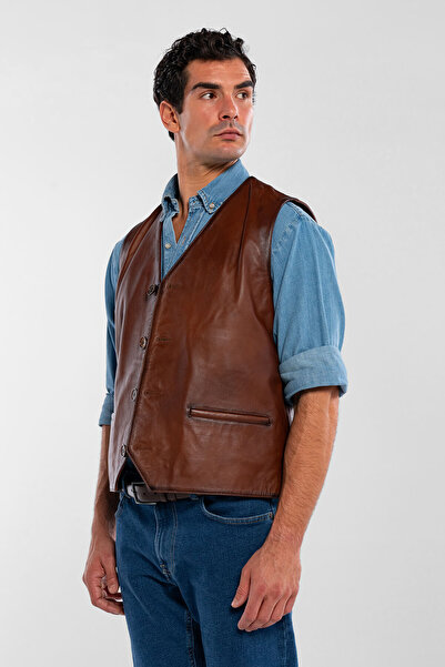 Tamer Tanca Men's Genuine Leather Taba Vest Leather Coat