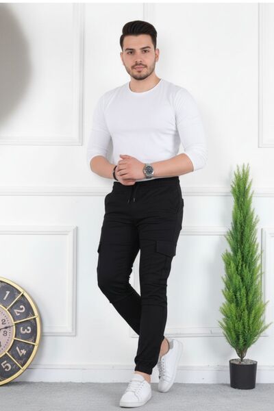 comstar Men's Washed Elastic Waist Cargo Pocket Black Trousers