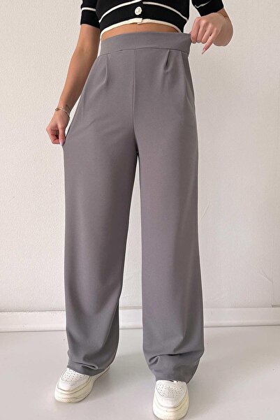 Mine Tan Butik Παντελόνι Collet Detail Palazzo Leg Lycra - Γκρι