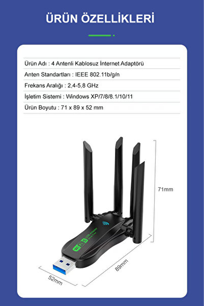 TrkTech 4 Antenli Çift Bant Kablosuz Wireless Adaptörü USB 3.0 AX900+BT5.4