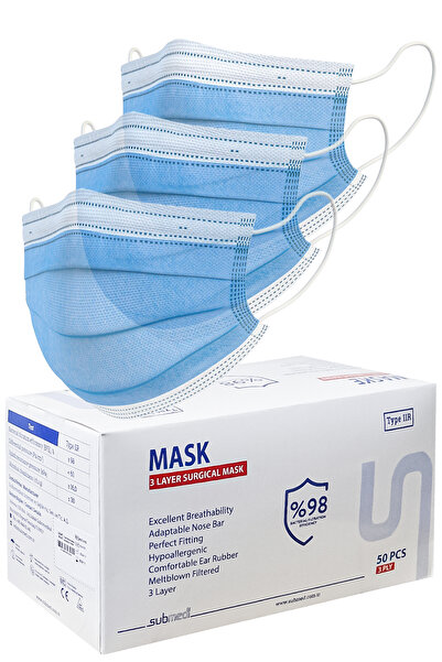 submed 3 KATLI 50 Lİ LİGHT BLUE MASKE, Meltblown filtreli, yassı ipli