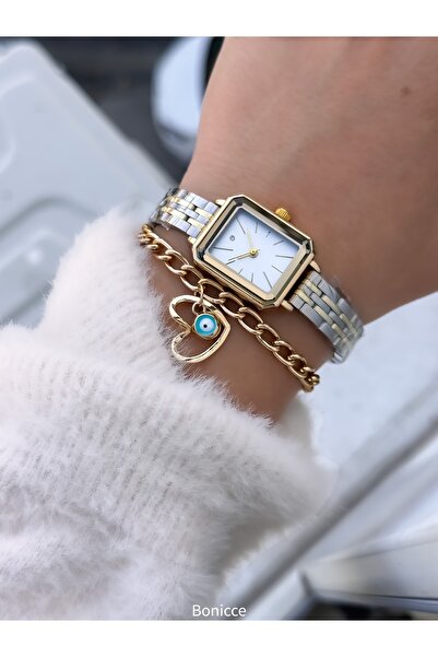 Bonicce Marka Retro Vintage Model Altın Sarısı Renk Zarif Kadın Kol Saati+Bileklik