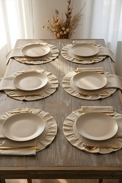 YUNUSOĞLU HOME Cotton Ruffled Placemats Set of 6 American Style 33 cm Diameter Placemats Set of 6