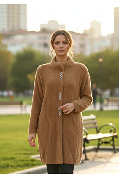 Clarity Taş Detay Peluş Kürk Angora Kaşmir Hırka