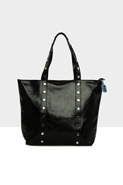 Bagmori Black Women's Trok Detailed Wrinkled Leather Large Tote Bag M000008670