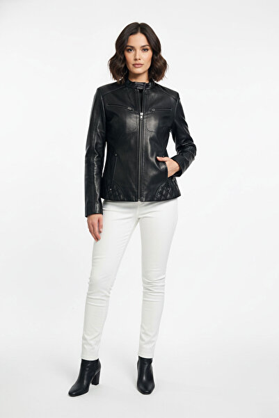 Deriderim Black Latina Short Zippered Women's Genuine Leather Coat