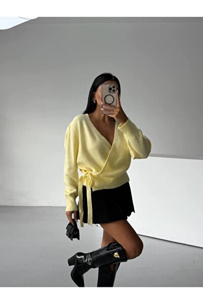 Maxi modena Double-Breasted Yellow Knit Cardigan with Ties