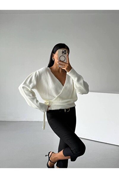 Maxi modena Double-Breasted Tied Ecru Knitwear Cardigan